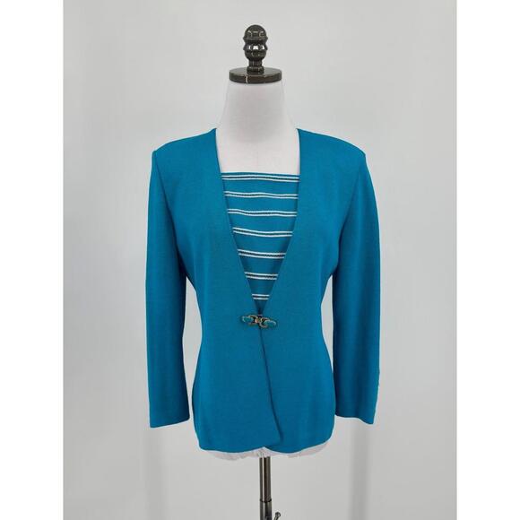 St. John Collection Blue Knit Long Sleeve Cardigan Sweater Striped Inset